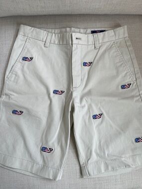 Vineyard Vines Cream Shorts with Patriotic Whale Embroidery